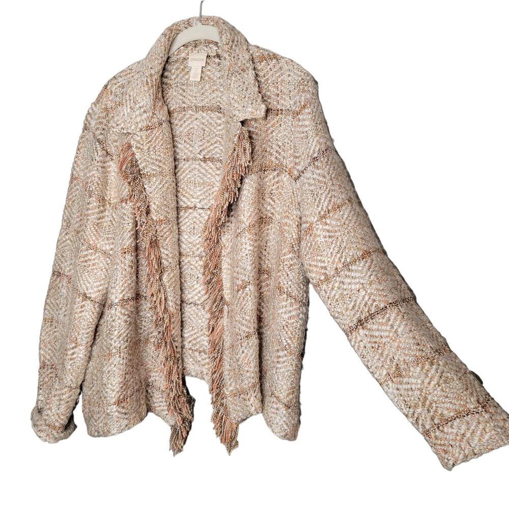 Chicos blazer women's size 3/XL tan cream cotton wool blend open cardigan knit